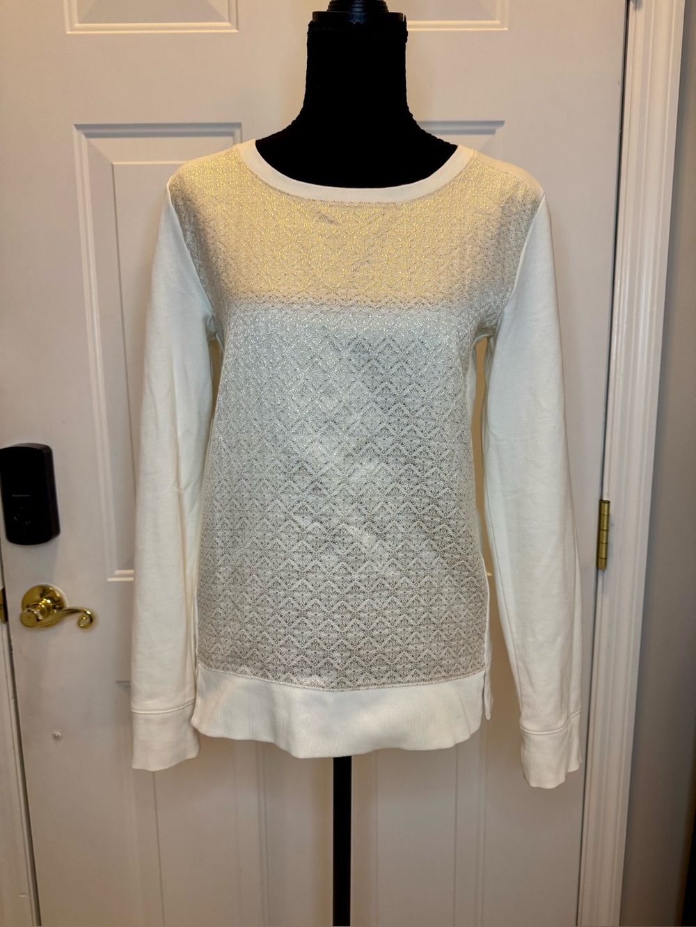 LOFT Women’s Ivory/Gold Metallic Geometric Front Crewneck Fleece Sweatshirt S